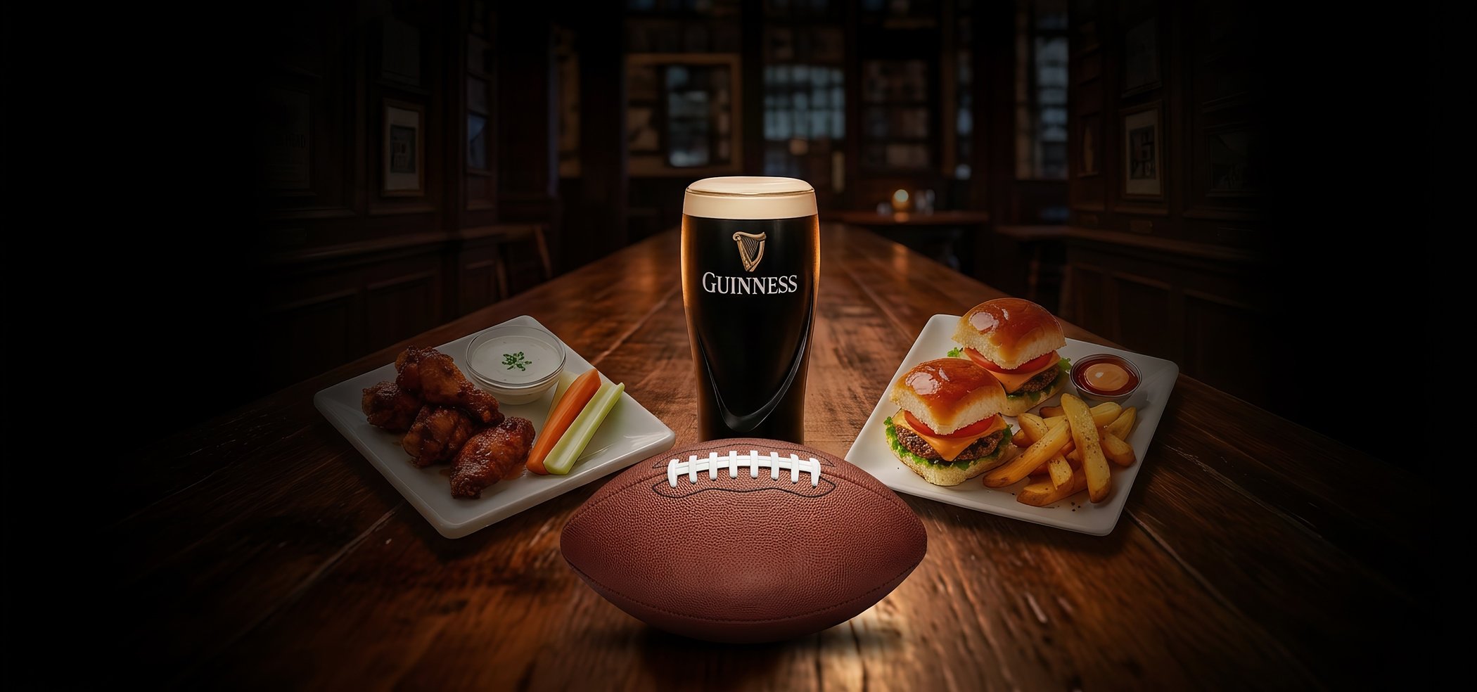 A pint of Guinness, honey chili wings, beef sliders and a football on the bar at O'Callaghan's Irish Pub in Carmel-by-the-Sea
