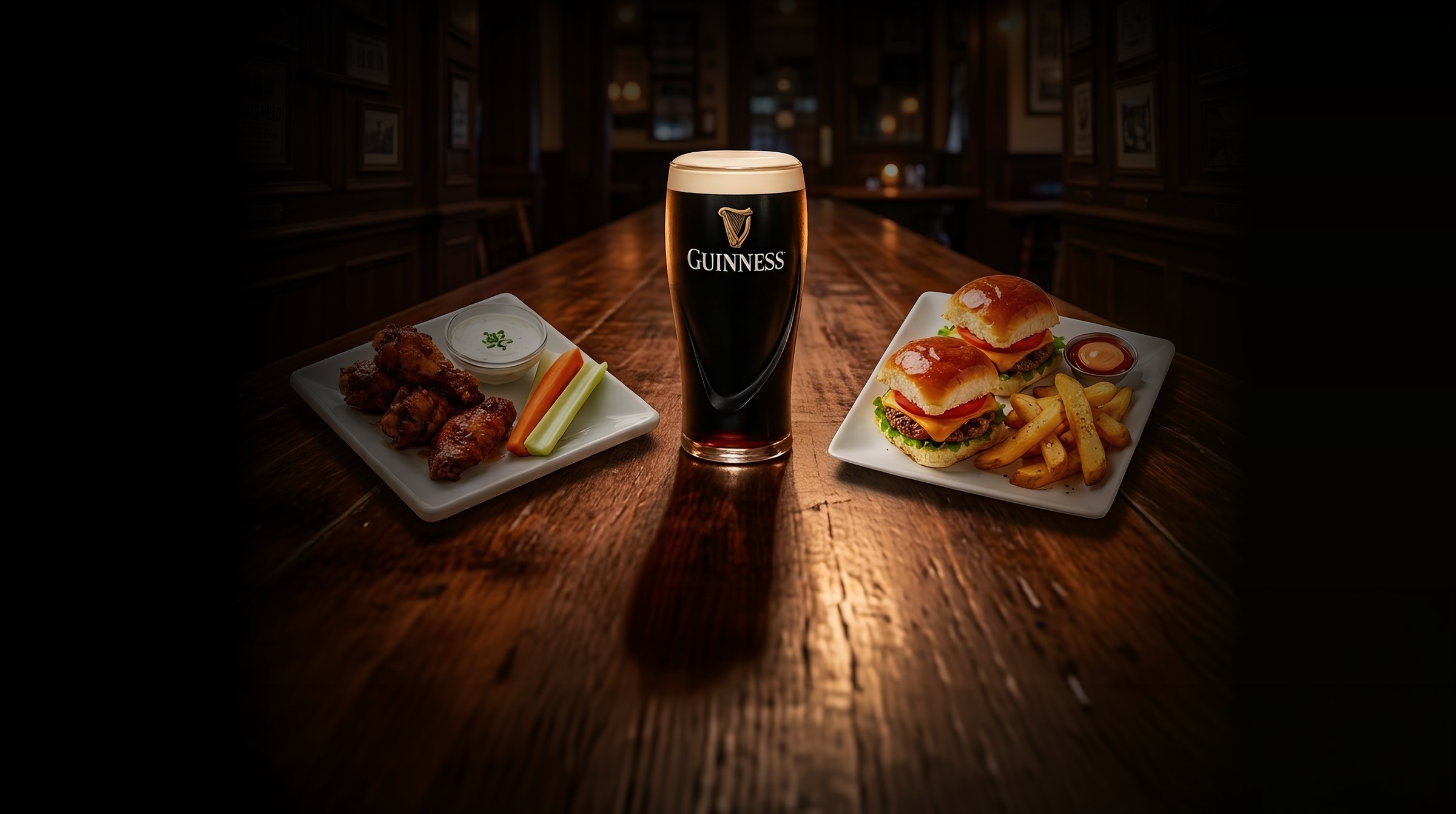 A pint of Guinness with honey chili wings and beef sliders on the bar at O'Callaghan's Irish Pub, featured in Happy Hour in Carmel-by-the-Sea