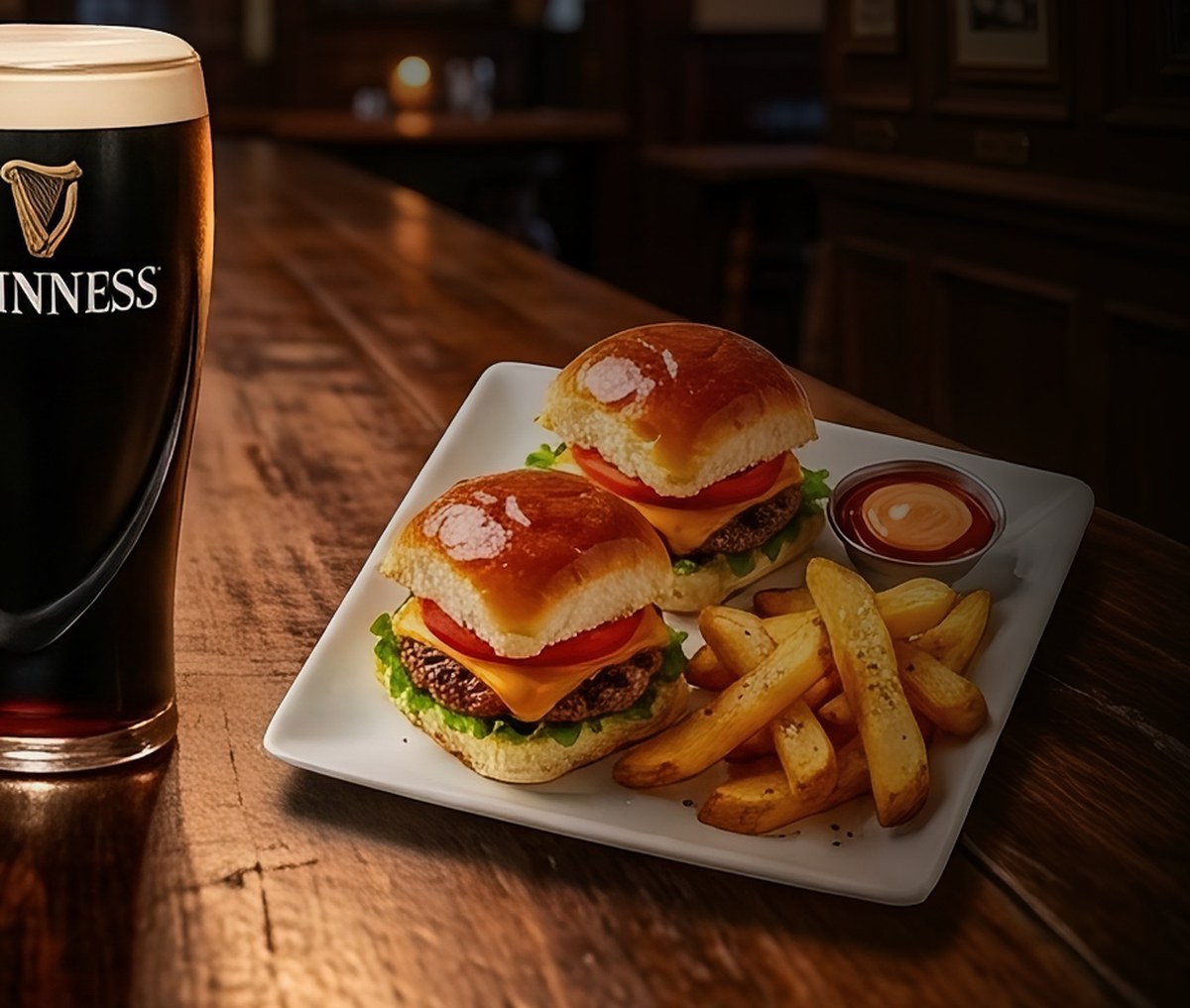 Two beef sliders with fries at O'Callaghan's Irish Pub Happy Hour