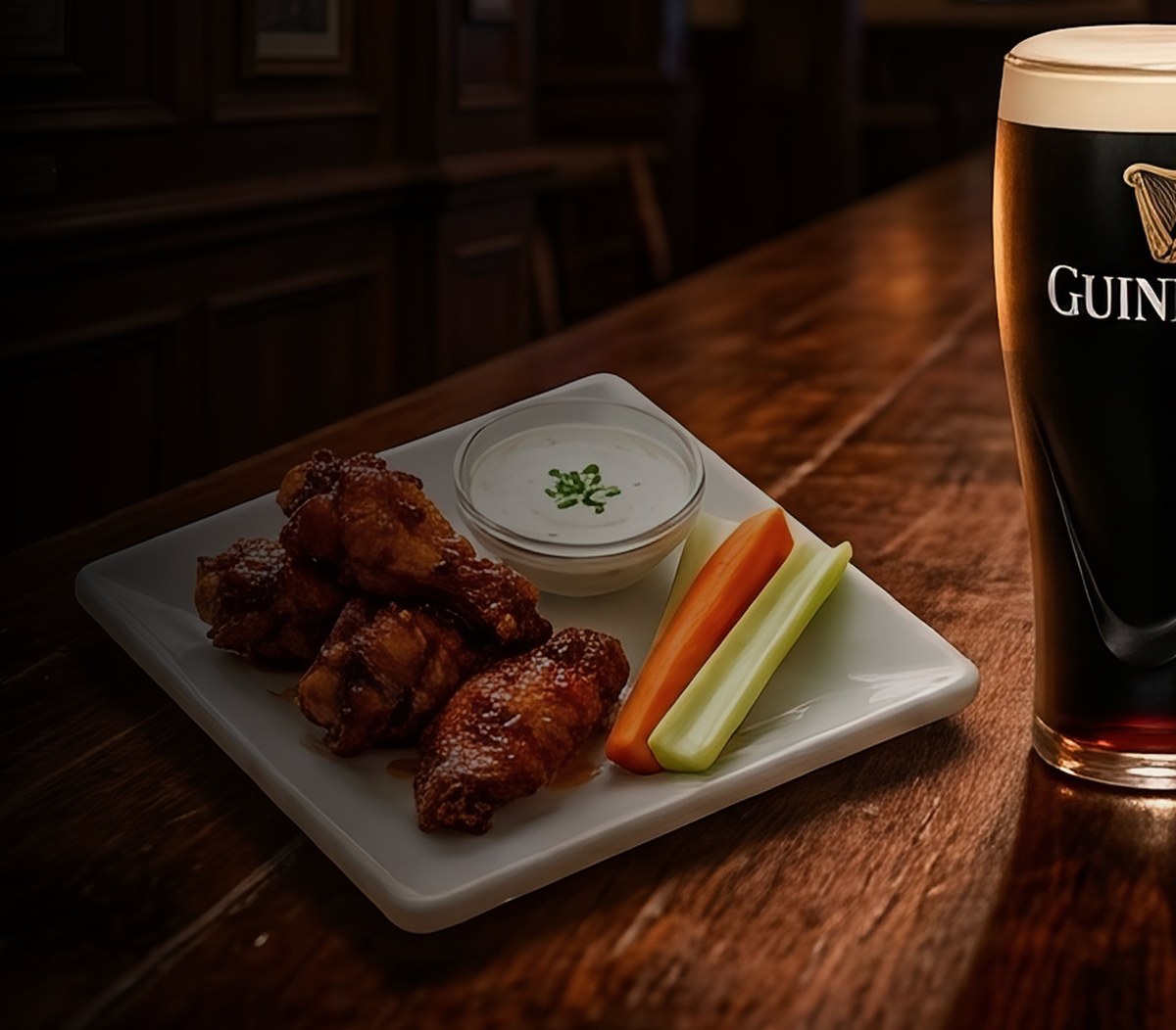 Honey chili wings with ranch, carrot and celery at O'Callaghan's Irish Pub Happy Hour
